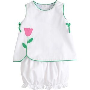 Little English White Two-Piece Set with Pink Tulip and Green Trim